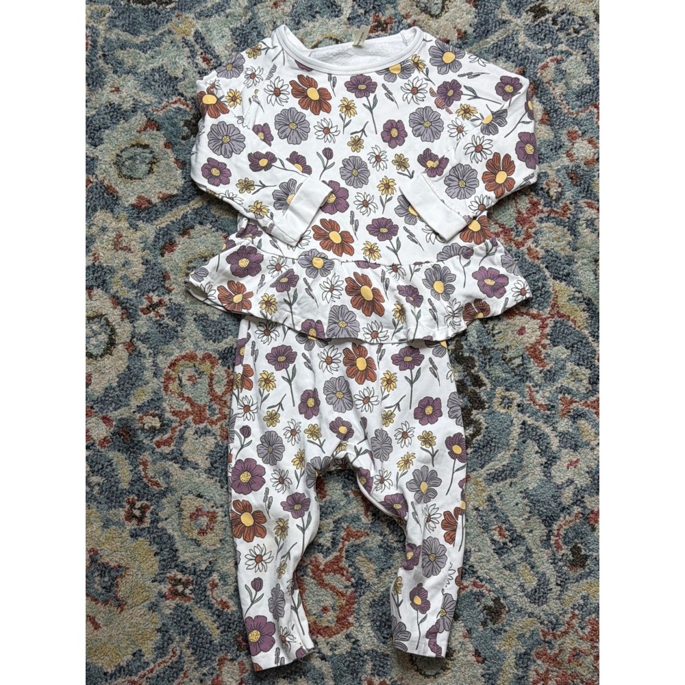 Gunamuna Set Girls 18/24m White Floral Bamboo Peplum Diaper Zip Easy Change